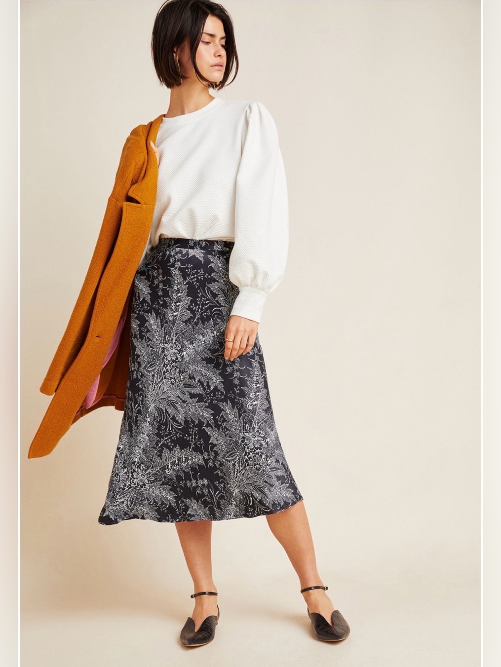 MAEVE Anthropologie Bias Satin Black Floral Midi Skirt - Size 2P